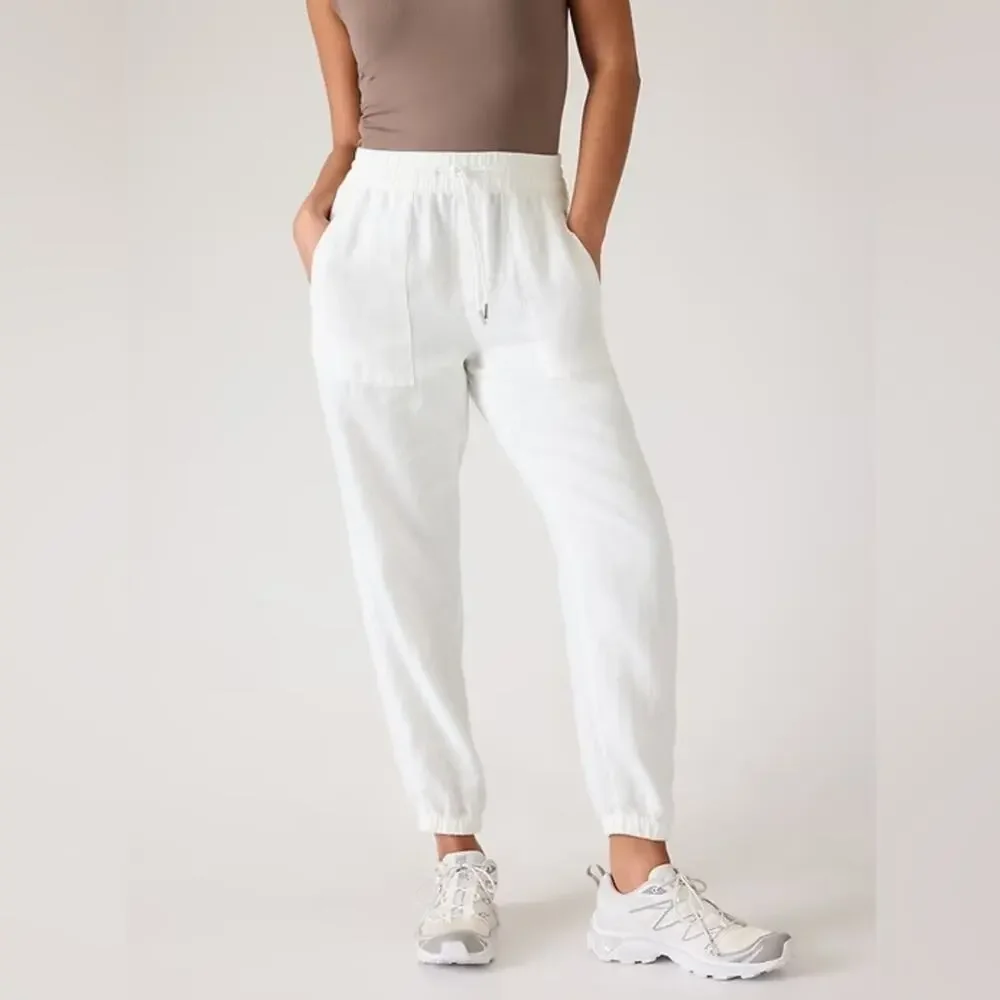 Athleta Pants Size 12 White 100% Linen Retreat Jogger - Picture 1 of 7